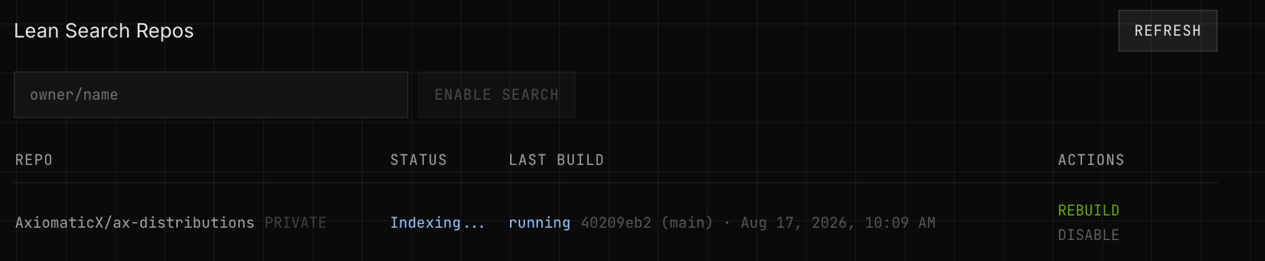 The repository table: an owner/name field with an Enable Search button, and a row showing a repository indexing at its latest default-branch commit.