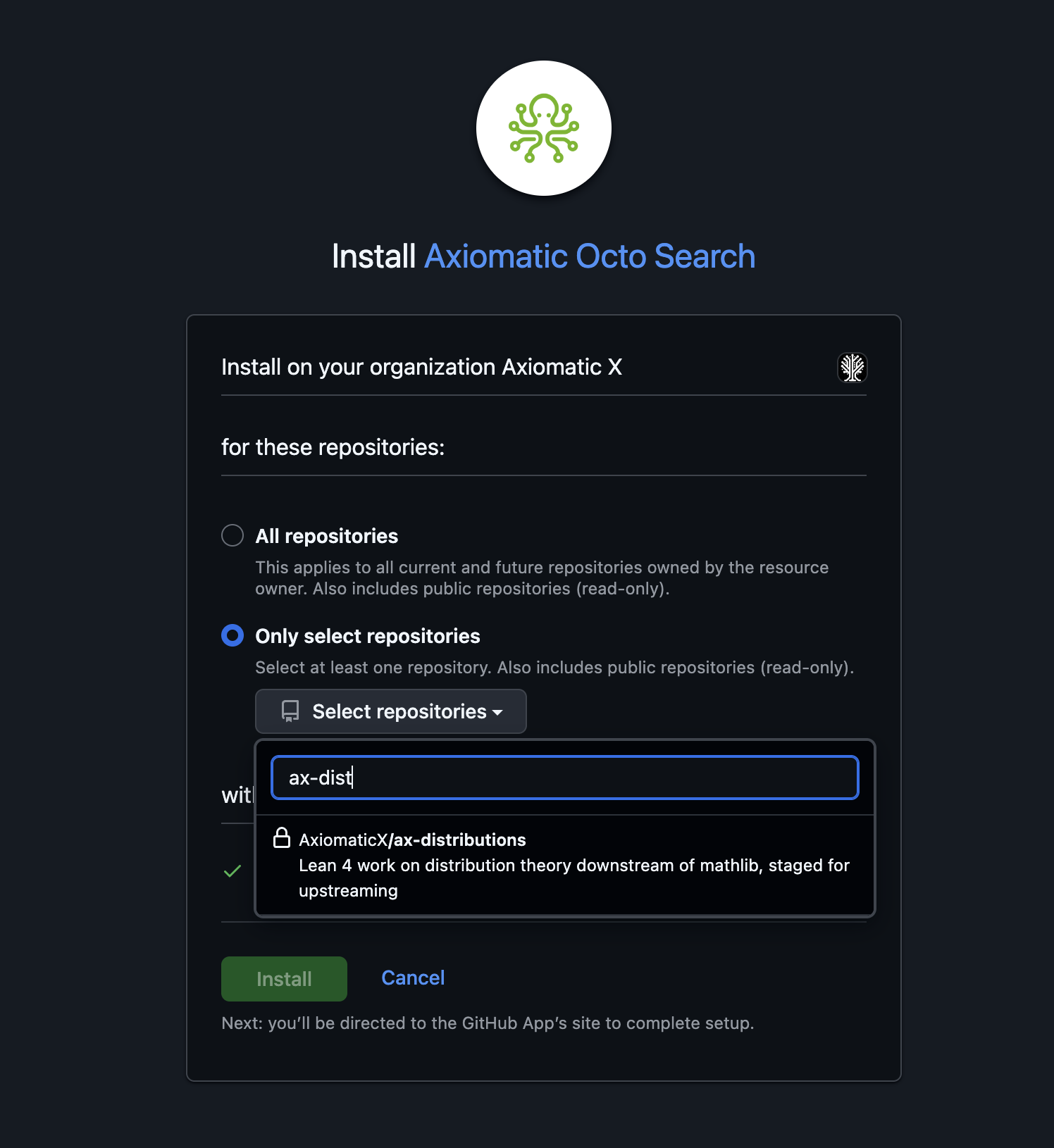 GitHub's install screen for the Axiomatic Octo Search App, offering All repositories or Only select repositories, with one repository picked by name.