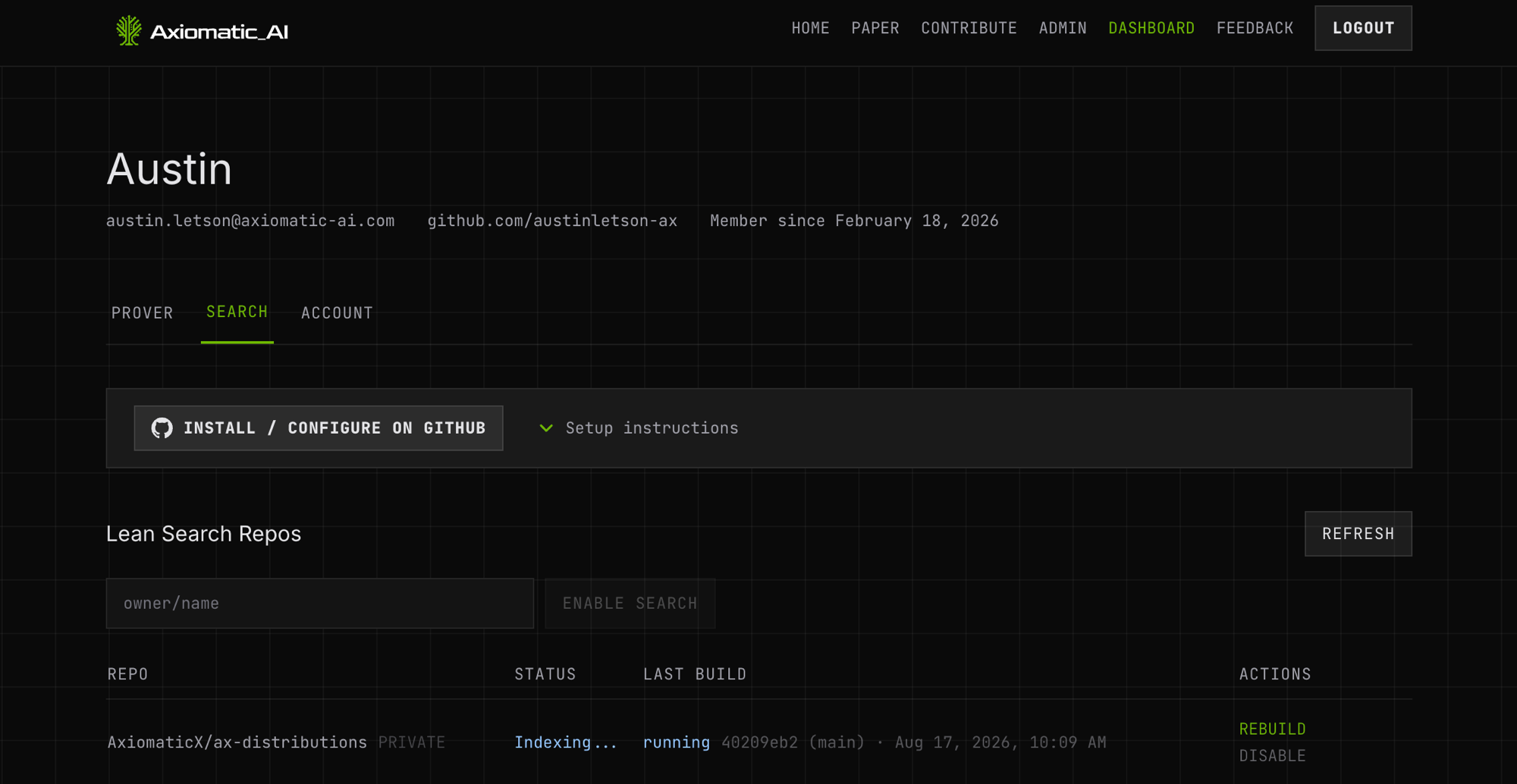 The dashboard's search tab, with a build running