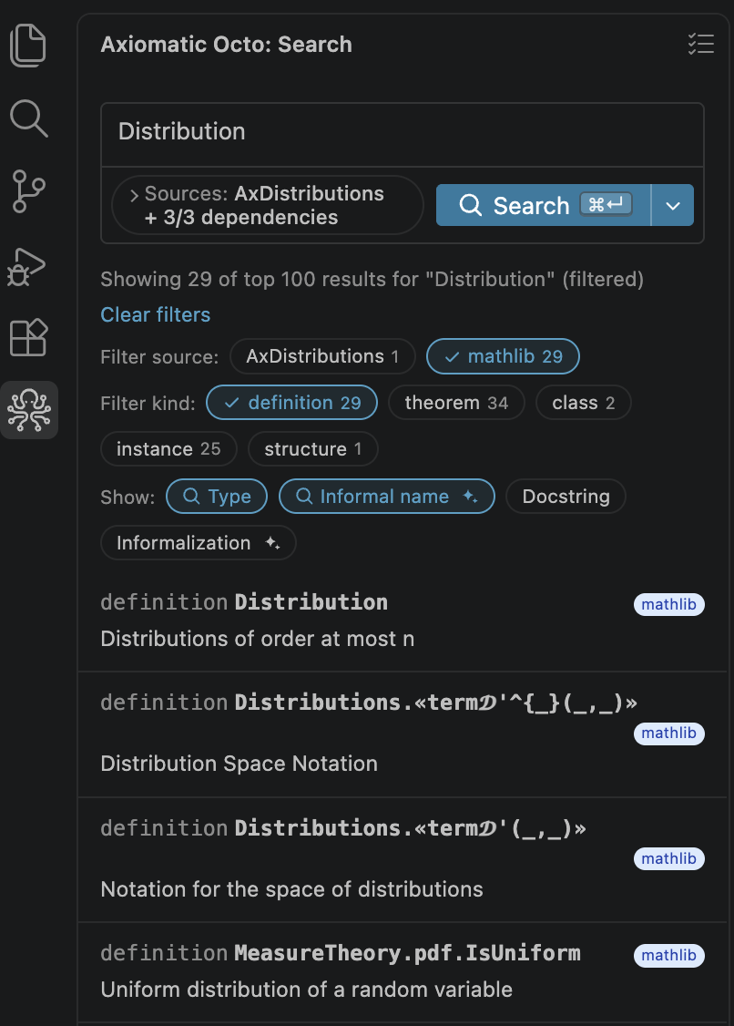 Search results, filtered by source and kind